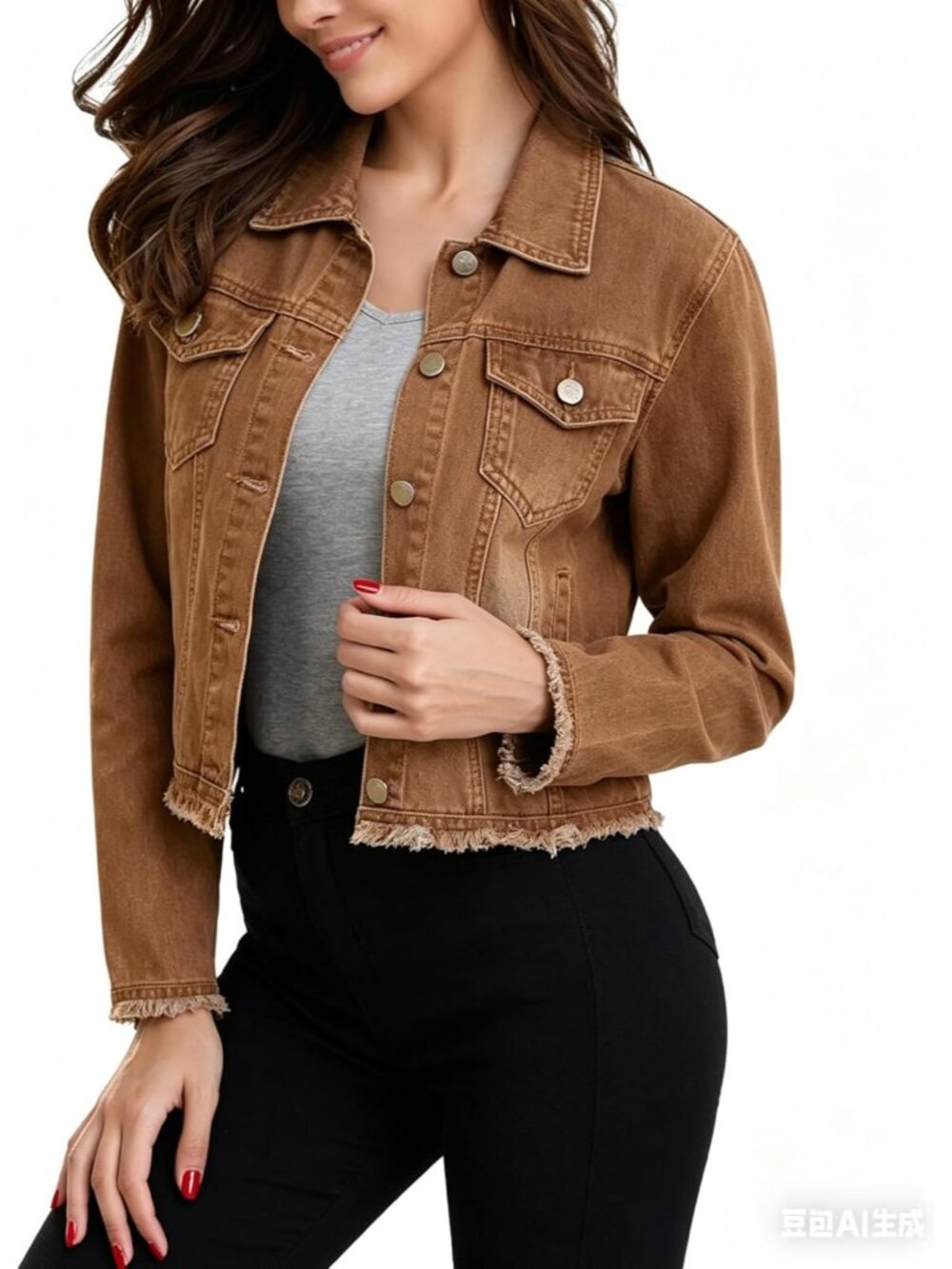 Women’s Brown Frayed Washed Button Up Cropped Denim Jacket w 2 Side Pockets